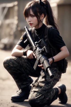1girl, solo, long hair, looking at the viewer, smile, laugh,  bangs, brown hair, realistic, ponytail, gloves, holding, weapon,  realistic, short sleeves, boots, black gloves, pants, fingerless gloves, black footwear, holding weapon, blurry, gun, military, black shirt, blurry background, (wearing military camouflage crop top, pants), holding gun, rifle, assault rifle, knee pads, one knee, combat boots, M4A1, Military,  elegance, masterpiece, earrings, realistic,  masterpiece, best quality, photorealistic, raw photo,  earrings, black eyes, lips, bow headband, lips, ribbon, realistic, parted lips, lips, ribbon, realistic, blurry background,Military, Taskforce, Assault rifle ,dual wielding twin buster rifle