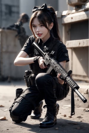 1girl, solo, long hair, looking at the viewer, smile, laugh,  bangs, brown hair, realistic, ponytail, open mouth, gloves, holding, weapon,  realistic, short sleeves, boots, black gloves, pants, fingerless gloves, black footwear, holding weapon, blurry, gun, military, black shirt, blurry background, black pants, holding gun, rifle, assault rifle, knee pads, one knee, combat boots, M4A1, Military,  elegance, masterpiece, earrings, realistic,  masterpiece, best quality, photorealistic, raw photo,  earrings, black eyes, lips, bow headband, lips, ribbon, realistic, parted lips, lips, ribbon, realistic, blurry background,Military,Taskforce,Assault rifle ,dual wielding twin buster rifle