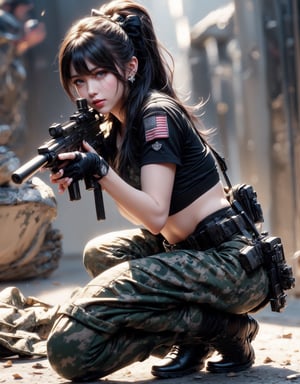 1girl, solo, long hair, looking at the viewer, smile, laugh,  bangs, brown hair, realistic, ponytail, gloves, holding, weapon,  realistic, short sleeves, boots, black gloves, pants, fingerless gloves, black footwear, holding weapon, blurry, gun, military, black shirt, blurry background, (wearing military camouflage crop top, pants), holding gun, rifle, assault rifle, knee pads, one knee, combat boots, M4A1, Military,  elegance, masterpiece, earrings, realistic,  masterpiece, best quality, photorealistic, raw photo,  earrings, black eyes, lips, bow headband, lips, ribbon, realistic, parted lips, lips, ribbon, realistic, blurry background,Military, Taskforce, Assault rifle ,dual wielding twin buster rifle,mecha