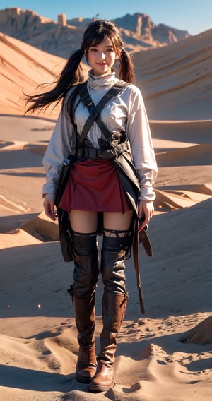 Here is a prompt that combines the elements you provided:

A stunning 32k UHD, 3D CG masterpiece of a tribal girl hunter standing proudly in the middle of a vast desert landscape. The heroine wears knee-high boots and armor, her long black hair styled in twin tails with bangs framing her smiling face. Her eyes shine brightly as she holds bazooka assault  at the ready, its realistic details perfectly rendered. The desert sun casts natural light on the scene, capturing every detail of this photorealistic image. In the distance, a battle-scarred landscape stretches out, with the girl's confident stride and determined expression showcasing her bravery in the face of war.,(full-body:1.5)