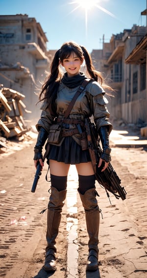 Here is a prompt that combines the elements you provided:

A stunning 32k UHD, 3D CG masterpiece of a tribal girl hunter standing proudly in the middle of a vast desert landscape. The heroine wears knee-high boots and armor, her long black hair styled in twin tails with bangs framing her smiling face. Her eyes shine brightly as she holds bazooka assault  at the ready, its realistic details perfectly rendered. The desert sun casts natural light on the scene, capturing every detail of this photorealistic image. In the distance, a battle-scarred landscape stretches out, with the girl's confident stride and determined expression showcasing her bravery in the face of war.,(full-body:1.5),best life and shadow. 