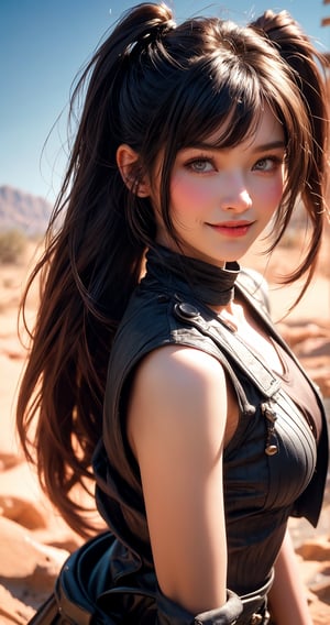 Here is a prompt that combines the elements you provided:

A stunning 32k UHD, 3D CG masterpiece of a tribal girl hunter standing proudly in the middle of a vast desert landscape. The heroine wears knee-high boots and armor, her long black hair styled in twin tails with bangs framing her smiling face. Her eyes shine brightly as she holds an AK-47 assault rifle at the ready, its realistic details perfectly rendered. The desert sun casts natural light on the scene, capturing every detail of this photorealistic image. In the distance, a battle-scarred landscape stretches out, with the girl's confident stride and determined expression showcasing her bravery in the face of war.