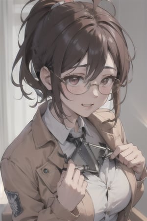 masterpiece,  best quality,  Juliahange,  happy,  1girl,  brown eyes,  chestnut hair,  ponytail,  short hair,  hair pulled back, Cinnamon jacket, top white, glasses