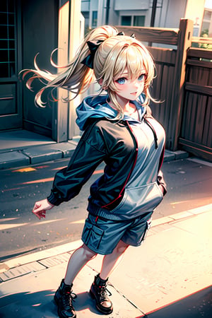 1 girl, wear hoodie, short pants, full body, outdoor, street, daytimes,  beautiful smile, masterpiece, best quality, potrait, (extremely detailed CG unity 8k wallpaper, masterpiece, best quality, ultra-detailed, best shadow), (detailed background), (beautiful detailed face, beautiful detailed eyes), High contrast, (best illumination, an extremely delicate and beautiful), dynamic angle, beautiful detailed glow, realistic, perfect light, depth_of_field,perfect light