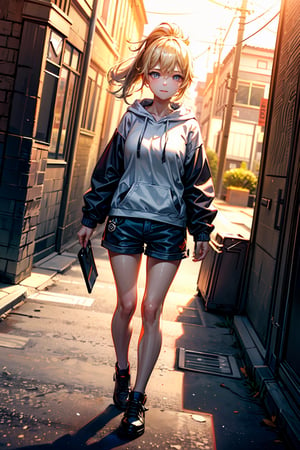 1 girl, wear hoodie, short pants, full body, outdoor, street, daytimes,  beautiful smile, masterpiece, best quality, potrait, (extremely detailed CG unity 8k wallpaper, masterpiece, best quality, ultra-detailed, best shadow), (detailed background), (beautiful detailed face, beautiful detailed eyes), High contrast, (best illumination, an extremely delicate and beautiful), dynamic angle, beautiful detailed glow, realistic, perfect light, depth_of_field,perfect light