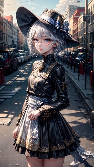 1 girl, solo, small body, hat, casual outfits, short hair, sunshade glasses, standing in the middle of the road, traffic light, light smile, lips apart, masterpiece, best quality, (extremely detailed CG unity 8k wallpaper, masterpiece, best quality, ultra-detailed, best shadow), (detailed background), (beautiful detailed face, beautiful detailed eyes), High contrast, (best illumination, an extremely delicate and beautiful), dynamic angle, beautiful detailed glow,full body, realistic, ,furina, white hair