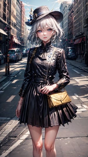 1 girl, solo, small body, hat, casual outfits, short hair, sunglasses, standing in the middle of the road, traffic light, light smile, lips apart, masterpiece, best quality, (extremely detailed CG unity 8k wallpaper, masterpiece, best quality, ultra-detailed, best shadow), (detailed background), (beautiful detailed face, beautiful detailed eyes), High contrast, (best illumination, an extremely delicate and beautiful), dynamic angle, beautiful detailed glow,full body, realistic, ,furina, white hair