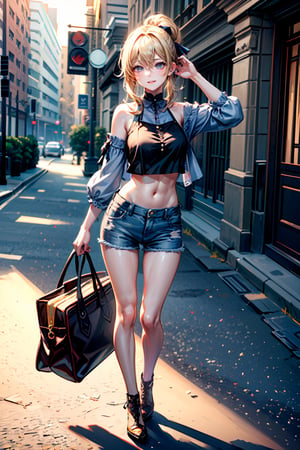 1 girl, crop top, denim, jeans, handbag, noon, eyewear on head, full body, outdoor, street, daytimes,  beautiful smile, masterpiece, best quality, potrait, (extremely detailed CG unity 8k wallpaper, masterpiece, best quality, ultra-detailed, best shadow), (detailed background), (beautiful detailed face, beautiful detailed eyes), High contrast, (best illumination, an extremely delicate and beautiful), dynamic angle, beautiful detailed glow, realistic, perfect light, depth_of_field,perfect light