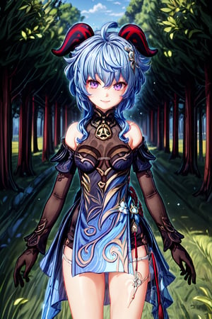 1girl, solo, blue hair, purple eyes, red horns, neck bell, bare shoulder, bare legs, detachable long sleeves, medium breast, black undershirt, neck tie undershirt, beautiful smile, outdoor, daytime, grass, open field, trees, look at viewer, best quality, potrait, (extremely detailed CG unity 8k wallpaper, masterpiece, best quality), (detailed background), High contrast, (best illumination, an extremely delicate and beautiful), realistic, perfect light,ganyu \(genshin impact\)