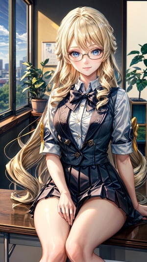 1 girl, solo, mature lady, navia \(genshin impact\), smile, blonde hair, blue eyes, wear glasses(round glasses), yellow bow, small breasts, student, wear japanese school uniform, indoor, classroom, near windows, look at viewer, best quality, potrait, (extremely detailed CG unity 8k wallpaper, masterpiece, best quality, ultra-detailed, best shadow), (detailed background), (beautiful detailed face, beautiful detailed eyes), High contrast, (best illumination, an extremely delicate and beautiful),  realistic, ,navia (genshin impact),perfect light,navia \(genshin impact\)