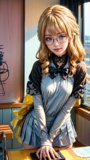 1 girl, solo, mature lady, navia \(genshin impact\), smile, blonde hair, blue eyes, wear glasses(round glasses), yellow bow, small breasts, student, wear japanese school uniform, indoor, classroom, near windows, look at viewer, best quality, potrait, (extremely detailed CG unity 8k wallpaper, masterpiece, best quality, ultra-detailed, best shadow), (detailed background), (beautiful detailed face, beautiful detailed eyes), High contrast, (best illumination, an extremely delicate and beautiful),  realistic, ,navia (genshin impact),perfect light,navia \(genshin impact\)