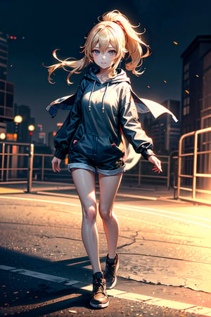 1 girl, wear hoodie, short pants, full body, outdoor, street, daytimes,  beautiful smile, masterpiece, best quality, potrait, (extremely detailed CG unity 8k wallpaper, masterpiece, best quality, ultra-detailed, best shadow), (detailed background), (beautiful detailed face, beautiful detailed eyes), High contrast, (best illumination, an extremely delicate and beautiful), dynamic angle, beautiful detailed glow, realistic, perfect light, depth_of_field,perfect light