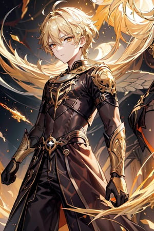 1 boy, Golden eyes, wearing battle outfits, slender, teens, (masterpiece, top quality, best quality, official art, beautiful and aesthetic:1.2), (1 male), extreme detailed,(abstract, fractal art:1.3), blonde hair,highest detailed, detailed_eyes, golden eyes, fire, water, ice, lightning, light_particles, aether