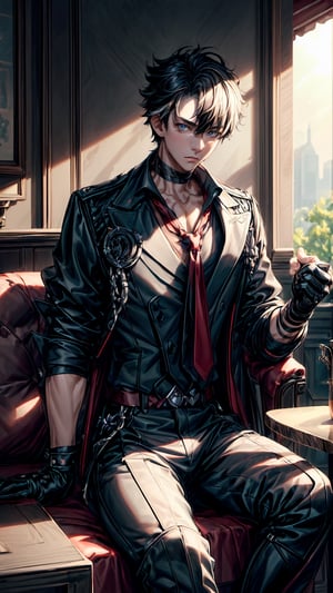1 boy, solo, black hair, multicolored hair, short hair, blue eyes  Outfit prompts : collared shirt, red necktie, jewelry, black gloves, choker, black belt, black coat, boots, grey pants, sleeves rolled up, jacket, gangsters, sitting, coffee table, tea cup, tea pot, enjoying tea at cafe shop, outdoor, noon, majestic, masterpiece, best quality, (extremely detailed CG unity 8k wallpaper, masterpiece, best quality, ultra-detailed, best shadow), (detailed background), High contrast, (best illumination), dynamic angle, detailed glow, full body, realistic, wriothesley
