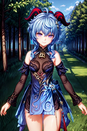 1girl, solo, blue hair, purple eyes, red horns, neck bell, bare shoulder, bare legs, detachable long sleeves, medium breast, black undershirt, neck tie undershirt, beautiful smile, outdoor, daytime, grass, open field, trees, look at viewer, best quality, potrait, (extremely detailed CG unity 8k wallpaper, masterpiece, best quality), (detailed background), High contrast, (best illumination, an extremely delicate and beautiful), realistic, perfect light,ganyu \(genshin impact\)
