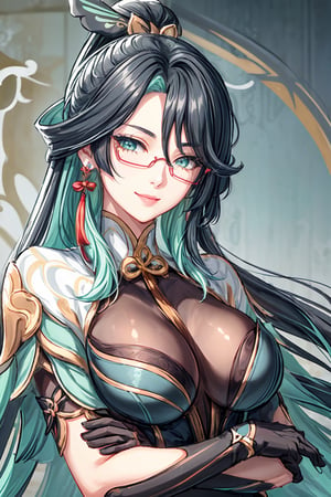 1 girl, solo, mature lady, xianyun, very long hair, ponytail, hair ornament, red semi-rimless eyewear, green eyeshadow, earrings, green lips, smile, lips apart, masterpiece, best quality, (extremely detailed CG unity 8k wallpaper, masterpiece, best quality, ultra-detailed, best shadow), (detailed background), (beautiful detailed face, beautiful detailed eyes), High contrast, (best illumination, an extremely delicate and beautiful), dynamic angle, beautiful detailed glow, anime, ,perfect light,xianyun