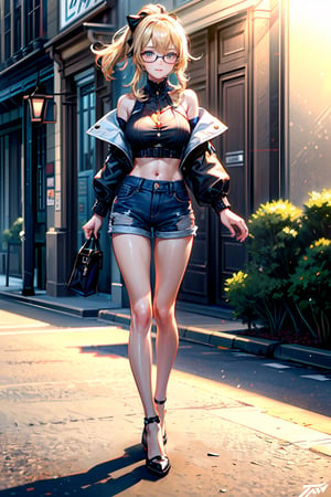 1 girl, crop top, denim, jeans, handbag, noon, nerd glasses, full body, outdoor, street, daytimes,  beautiful smile, masterpiece, best quality, potrait, (extremely detailed CG unity 8k wallpaper, masterpiece, best quality, ultra-detailed, best shadow), (detailed background), (beautiful detailed face, beautiful detailed eyes), High contrast, (best illumination, an extremely delicate and beautiful), dynamic angle, beautiful detailed glow, realistic, perfect light, depth_of_field,perfect light