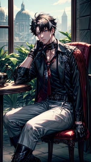 1 boy, solo, black hair, multicolored hair, short hair, blue eyes  Outfit prompts : collared shirt, red necktie, jewelry, black gloves, choker, black belt, black coat, boots, grey pants, sleeves rolled up, jacket, gangsters, sitting, coffee table, tea cup, tea pot, enjoying tea at cafe shop, outdoor, noon, majestic, masterpiece, best quality, (extremely detailed CG unity 8k wallpaper, masterpiece, best quality, ultra-detailed, best shadow), (detailed background), High contrast, (best illumination), dynamic angle, detailed glow, full body, realistic, wriothesley