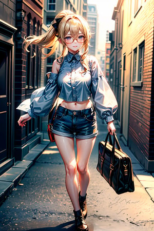 1 girl, crop top, denim, jeans, handbag, noon, nerd glasses, full body, outdoor, street, daytimes,  beautiful smile, masterpiece, best quality, potrait, (extremely detailed CG unity 8k wallpaper, masterpiece, best quality, ultra-detailed, best shadow), (detailed background), (beautiful detailed face, beautiful detailed eyes), High contrast, (best illumination, an extremely delicate and beautiful), dynamic angle, beautiful detailed glow, realistic, perfect light, depth_of_field,perfect light