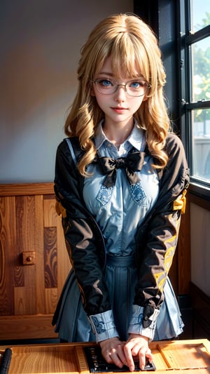 1 girl, solo, mature lady, navia \(genshin impact\), smile, blonde hair, blue eyes, wear glasses(round glasses), yellow bow, small breasts, student, wear japanese school uniform, indoor, classroom, near windows, look at viewer, best quality, potrait, (extremely detailed CG unity 8k wallpaper, masterpiece, best quality, ultra-detailed, best shadow), (detailed background), (beautiful detailed face, beautiful detailed eyes), High contrast, (best illumination, an extremely delicate and beautiful),  realistic, ,navia (genshin impact),perfect light,navia \(genshin impact\)