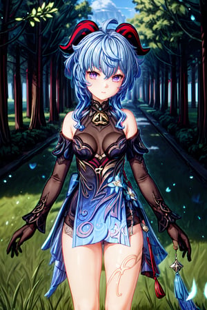 1girl, solo, blue hair, purple eyes, red horns, neck bell, bare shoulder, bare legs, detachable long sleeves, medium breast, black undershirt, neck tie undershirt, outdoor, daytime, grass, open field, trees, look at viewer, best quality, potrait, (extremely detailed CG unity 8k wallpaper, masterpiece, best quality), (detailed background), High contrast, (best illumination, an extremely delicate and beautiful), realistic, perfect light,ganyu \(genshin impact\)