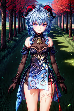 1girl, solo, blue hair, purple eyes, red horns, neck bell, bare shoulder, bare legs, detachable long sleeves, medium breast, black undershirt, neck tie undershirt, beautiful smile, outdoor, daytime, grass, open field, trees, look at viewer, facing away, best quality, potrait, (extremely detailed CG unity 8k wallpaper, masterpiece, best quality), (detailed background), High contrast, (best illumination, an extremely delicate and beautiful), realistic, perfect light,ganyu \(genshin impact\)