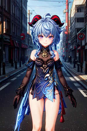 1girl, solo, blue hair, purple eyes, red horns, neck bell, bare shoulder, bare legs, detachable long sleeves, medium breast, black undershirt, neck tie undershirt, beautiful smile, outdoor, on the middle of the road, traffic lights, tall building, city, look at viewer, facing away, best quality, potrait, (extremely detailed CG unity 8k wallpaper, masterpiece, best quality), (detailed background), High contrast, (best illumination, an extremely delicate and beautiful), realistic, perfect light,ganyu \(genshin impact\)