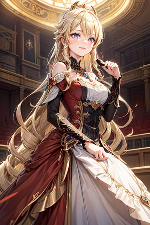 A stately Navia from Genshin Impact stand on a grand theater stage, resplendent in a stunning red weding gown, Soft, golden lighting casts a warm glow on her features, delicately highlighting the subtle upturn of her light smile as she surveys her surroundings with quiet confidence, exuding an air of regality fitting for a queen. Blue eyes,