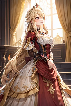 A stately Navia from Genshin Impact stand on a grand theater stage, resplendent in a stunning red weding gown, Soft, golden lighting casts a warm glow on her features, delicately highlighting the subtle upturn of her light smile as she surveys her surroundings with quiet confidence, exuding an air of regality fitting for a queen.