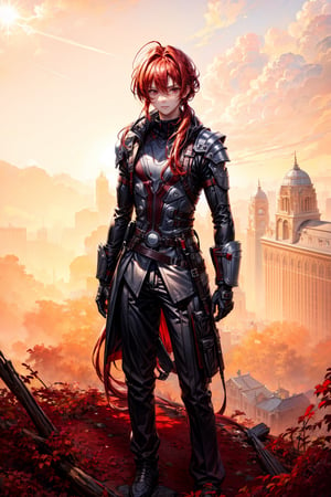 1 male, red hair, long hair, ponytails, red eyes, muscle, look at viewer, front, from above shot, More Detail, masterpiece, best quality, highres, lens flare, depth of field, (backlighting, Backlight:1.1), (Light through hair:1.2), wastelands.,More Detail