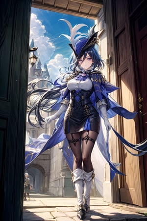 A mature Clorinde from Genshin Impact stands solo in a bright outdoor setting on a sunny day. She wears a striking outfit featuring white gloves, black pantyhose, and a black jacket with fold-over boots. A tricorne hat sits atop her deep blue hair, adorned with a hat feather. Her purple eyes gaze directly at the viewer, exuding a pensive atmosphere. A blue cape flows behind her, partially obscuring her large breasts covered by a corset. The simple background is illuminated by perfect light, accentuating her features and mysterious demeanor.,clorinde \(genshin impact\),clorinde_genshin_impact,clorinde (genshin impact)