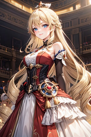 A stately Navia from Genshin Impact stand on a grand theater stage, resplendent in a stunning red weding gown, Soft, golden lighting casts a warm glow on her features, delicately highlighting the subtle upturn of her light smile as she surveys her surroundings with quiet confidence, exuding an air of regality fitting for a queen. Blue eyes, looking_at_viewer,