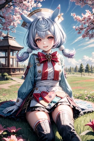 A whimsical scene unfolds! Sigewinne, the Genshin Impact character, stands solo amidst a vibrant meadow of flowers. She wears white gloves, long sleeves with red pom-poms, and a twintails hairstyle adorned with a blue hair ornament in the shape of a heart. A matching red bow sits atop her head, which is covered by a white apron with an animal ear hat. Her dress flows down to her boots, which are laced with a bowtie-like detail. Her eyes shine bright red as she gazes out at the blooming flowers, her happy face beaming with joy. In the distance, her vision (a glowing energy) radiates outward, illuminating the colorful surroundings.