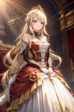 A stately Navia from Genshin Impact stand on a grand theater stage, resplendent in a stunning red weding gown, Soft, golden lighting casts a warm glow on her features, delicately highlighting the subtle upturn of her light smile as she surveys her surroundings with quiet confidence, exuding an air of regality fitting for a queen. Blue eyes,