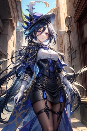 A mature Clorinde from Genshin Impact stands solo in a bright outdoor setting on a sunny day. She wears a striking outfit featuring white gloves, black pantyhose, and a black jacket with fold-over boots. A tricorne hat sits atop her deep blue hair, adorned with a hat feather. Her purple eyes gaze directly at the viewer, exuding a pensive atmosphere. A blue cape flows behind her, partially obscuring her large breasts covered by a corset. The simple background is illuminated by perfect light, accentuating her features and mysterious demeanor.,clorinde \(genshin impact\),clorinde_genshin_impact,clorinde (genshin impact)