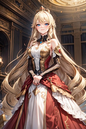 A stately Navia from Genshin Impact stand on a grand theater stage, resplendent in a stunning red weding gown, Soft, golden lighting casts a warm glow on her features, delicately highlighting the subtle upturn of her light smile as she surveys her surroundings with quiet confidence, exuding an air of regality fitting for a queen. Blue eyes, looking_at_viewer,