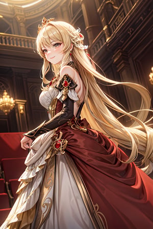 A stately Navia from Genshin Impact stand on a grand theater stage, resplendent in a stunning red weding gown, Soft, golden lighting casts a warm glow on her features, delicately highlighting the subtle upturn of her light smile as she surveys her surroundings with quiet confidence, exuding an air of regality fitting for a queen.