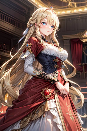 A stately Navia from Genshin Impact stand on a grand theater stage, resplendent in a stunning red weding gown, Soft, golden lighting casts a warm glow on her features, delicately highlighting the subtle upturn of her light smile as she surveys her surroundings with quiet confidence, exuding an air of regality fitting for a queen. Blue eyes, looking_at_viewer,