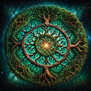 One large eye in the center trunk of a yggdrasil world_tree branches twigs leaves roots tendrils radiate out in eight directions from the center, centered symmetric sacred geometry zentangle mandala fractal art, cosmic night star-filled sky nebulas galaxies aurora_borealis Astrophotography, artistic illustration award winner, photorealistic concept fractal art, hybrid art, Hyperreal, Minimalist, Maximalist, Visionary art, hyper detailed digital painting, 