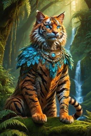 (tiger-like humanoid orange_fur black_striped handsome feline prince male epic hero, sleek furry full_body ethereal earth_guardian D&D character, “dreamy detailed deep_blue cat_eyes” agile dynamic pose, perfect anatomy), (native indian tribal enchanted druid bismuth armor leaves redwood filigree, silk leather loincloth-leggings, ornate green blue purple cool_color_pallette), (lush nature beauty waterfall mist moss ferns old_growth temperate_rainforest sunset), Fantasy Rococo Art_Nouveau poster, photo award winner, intricate anime 3D painting, sharp focus, chiaroscuro, 14K, UHD, photo r3al, realhands, Masterpiece, more detail XL, DonMG414XL, Movie Still, 
