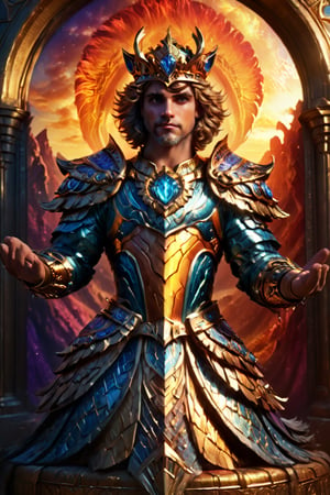 "tiger-like fenris crown prince handsome male humanoid character furry body sleek hero, victory pose shot, regal ornate glowing enchanted armor”, photo award winner, detailed anime 3D painting, saturated jewel hues, epic rococo D&D fantasy castles sunrise godlike aura, art nouveau elaborate poster, chiaroscuro, 8K, UHD, perfecteyes, photo r3al, Masterpiece, more detail XL, DonMG414XL, Movie Still, 