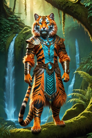 (tiger-like humanoid orange_fur black_striped handsome feline prince male epic hero, sleek furry full_body ethereal earth_guardian D&D character, “dreamy detailed deep_blue cat_eyes” agile dynamic pose, perfect anatomy), (native indian tribal enchanted druid bismuth armor leaves redwood filigree, silk leather loincloth-leggings, ornate green blue purple cool_color_pallette), (lush nature beauty waterfall mist moss ferns old_growth temperate_rainforest sunset), Fantasy Rococo Art_Nouveau poster, photo award winner, intricate anime 3D painting, sharp focus, chiaroscuro, 14K, UHD, photo r3al, realhands, Masterpiece, more detail XL, DonMG414XL, Movie Still, 
