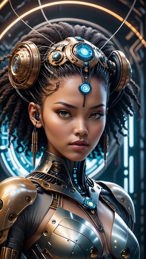 Epic Heroic Movie Poster Full-body Portrait of the Goddess of Information Technology and Artificial Intelligence, cybernetically wired into the internet of all things, universal_studios, beautiful Afro-asian face, young Polynesian woman model, gorgeous native girl, photorealistic, futuristic surrealism, maximalist, natural transgender beauty, smooth translucent skin, hyper detailed, centered, symmetrical, golden ratio, fractal background matrix, epic, vibrant, fantasy science fiction style, matte digital painting movie poster, neon fiber optics, platinum, obsidian, jade, amethist, sapphire, attractive, ethereal, vivid colors, LEDs, cyberpunk, hacker, the Akashic records, Blade Runner, The Matrix, Neuromancer, art style of Sakura, sharp focus, masterpiece, Mucha, intricate eyes, retrofuturism style, intricate details, ominous, intricate, production cinematic character render, ultra high quality model, in the midst of a cinematic cyberpunk fantasy circuit board and fiber optic wire backdrop, "Craft an image of a cybernetic Hi-Tech glowing glassy creature in a menacing, purple and gold-lit cyberpunk landscape." Challenge artists to infuse the model with a deadly and ominous allure, body made of glowing glassy inter-connections and percious metals. Explore intricate details of the cybernetic design against the backdrop of a futuristic and eerie environment, creating a masterpiece