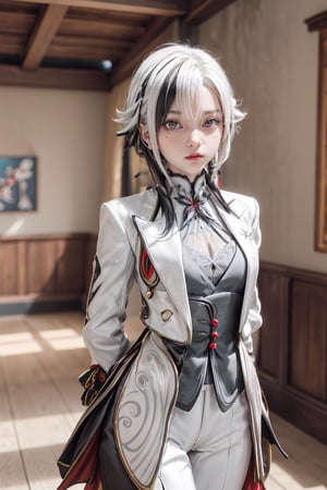 1 girl, solo, age 40, mature lady, Arlecchino(genshin impact), arlecchino, white hair, black hair, multicolored hair, red x-shaped pupils, black eyes, beautiful smile, arle_suit, hands behind back, indoor, bright, masterpiece, best quality, (extremely detailed CG unity 8k wallpaper, masterpiece, best quality, ultra-detailed, best shadow), (detailed background), potrait, High contrast, realistic, perfect light, perfect light, arlecchino, hair between eyes,perfect light