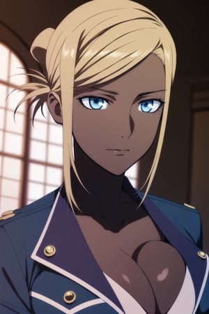 Awashima seri, large breasts, cleavage, masterpiece, best quality, ultra detailed, high-resolution, bar background, balanced lighting, beautiful,lustful, lustful expression, high resolution, ultra detailed, 8k, looking at viewer, blonde hair, blue eyes,arms cutout, blue uniform, blonde hair, blue eyes,seri,dark skin