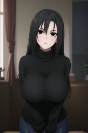  (large breasts), (black eyes:1.2), (face focus, looking at viewer, (solo:1.2), 1girl, high quality, best quality, masterpiece, ultra detailed, 4k, 8k, beautiful, ( house interior background), arms cutout, night, anime, long black hair,kirukiru amou, (black sweater:1.2), long sleeved sweater turtleneck, leggings, long black hair