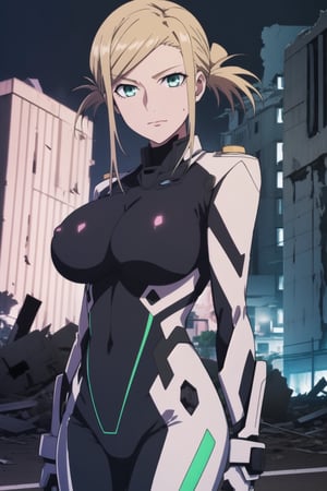 Awashima seri, blonse hair, green eyes, (face focus:1.2) (large breasts:1.2), face focus, looking at viewer,solo ,high quality, best quality, masterpiece, ultra detailed, 4k, 8k, beautiful, (destroyed buildings background), pink eye lashes, light smile, arms cutout, white mechanical bodysuit,mecha musume,high tech neon suit , burning buildings, night,black suit,seri