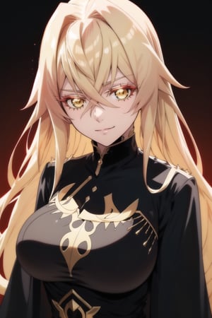 (Azest kingscrown:1.2), (long blonde hair:1.1), yellow eyes, bangs, (face focus:1.1), (large breasts:1.2), looking at viewer, (solo:1.2), 1girl, high quality, best quality, masterpiece, ultra detailed, 4k, 8k, beautiful, (ancient background)  light smile, arms cutout, night, upper body, (red embellished abaya:1.3), embellished abaya