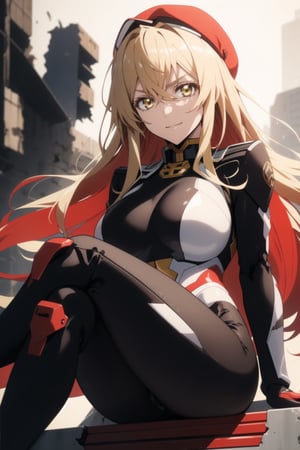 Azest kingscrown, long blonde hair, yellow eyes, (face focus:1.2) (large breasts:1.2), face focus, looking at viewer,solo ,high quality, best quality, masterpiece, ultra detailed, 4k, 8k, beautiful, (destroyed buildings background), blonde eye lashes, light smile, arms cutout, white mechanical suit,mecha musume,rishe, sitting on rubbles, burning buildings, night, crossed legs, white and black suit, (red militart berret:1.3), berret