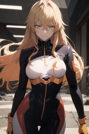 Azest kingscrown, long blonde hair, yellow eyes, (face focus:1.2) (large breasts:1.2), face focus, looking at viewer,solo ,high quality, best quality, masterpiece, ultra detailed, 4k, 8k, beautiful, (ancient ruins background), light smile, arms cutout, black and orange mecha suit, black orange suit, mecha musume,mecha musume